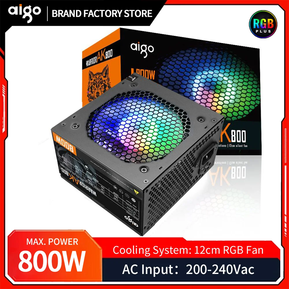 Alimentation PC AIGO AK 800 W pour jeux compétitifs, ventilateur RGB 120 mm, 220 V, ATX, pour ordinateur de bureau, compatible avec les jeux BTC.