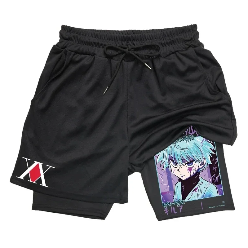 Mens 2-in-1 Athletic Gym Shorts Anime Hunter X Hunter Print Quick Dry Stretchy Active Shorts Fitness Workout Running Sportswear 6