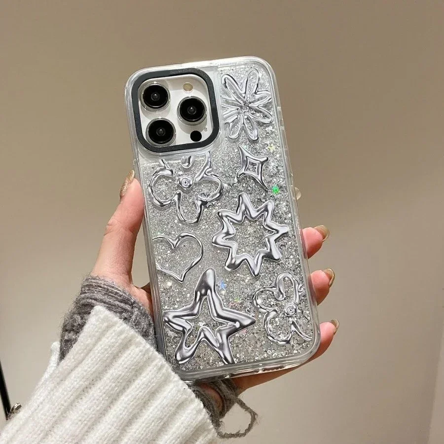 Transparent Border Silver Quicksand Star Scale iPhone 12 13 14 15 Pro Max Case - Protective iPhone Case