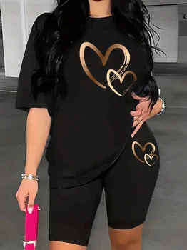Heart Print  Two-piece Set, Short Sleeve Crew Neck Casual T-Shirt & Shorts 2pcs Outfits For Summer & Spring, Women's Clothing 1