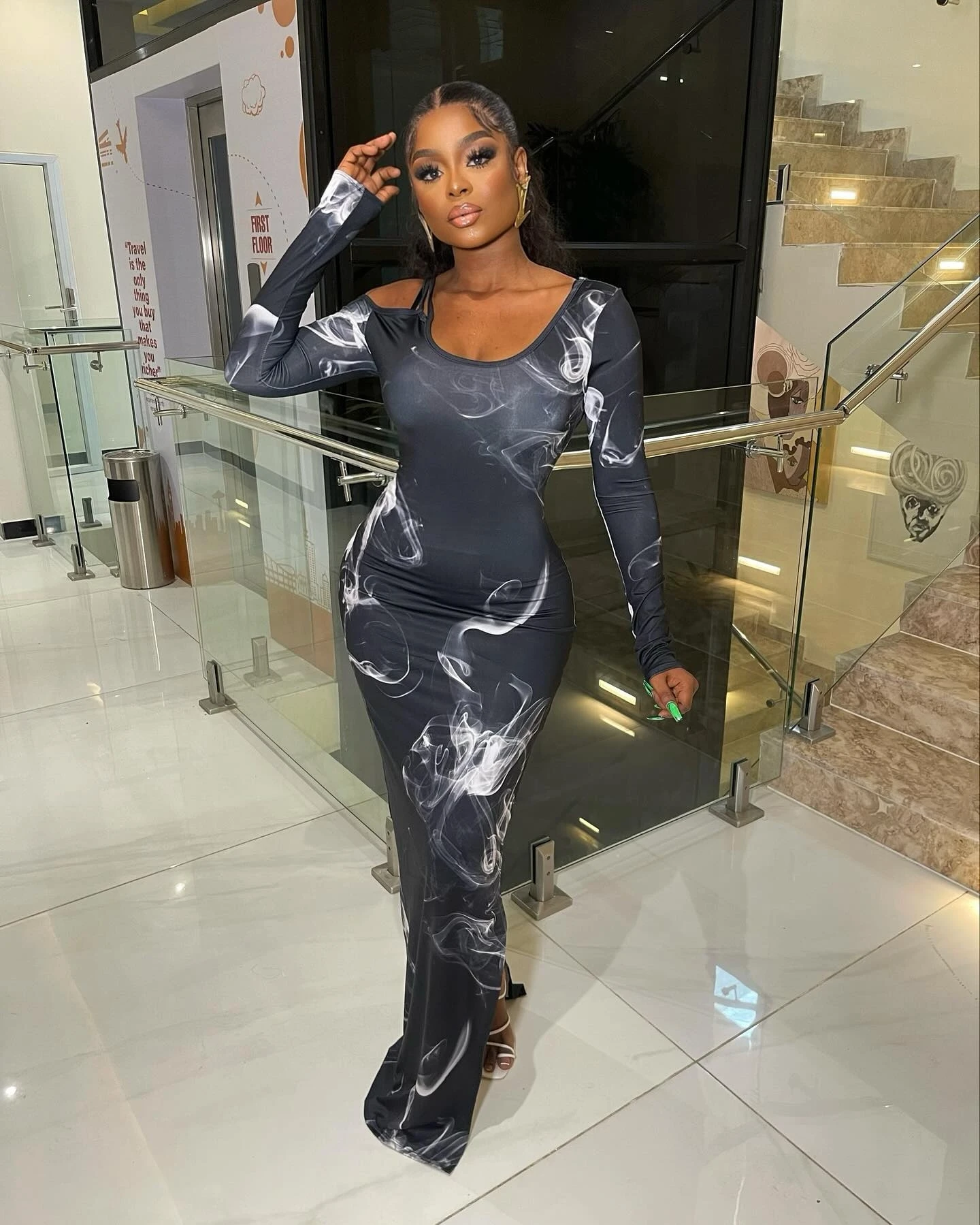 Women's long sleeved dress with printed round neck slim fit mid length dress, mesh printed dress 5