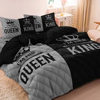 Ensemble de housse de couette imprimée King & Queen pour couple, 3 pièces, design romantique en couronne de cœur, contraste rose noir pour la douceur avec une élégance 5
