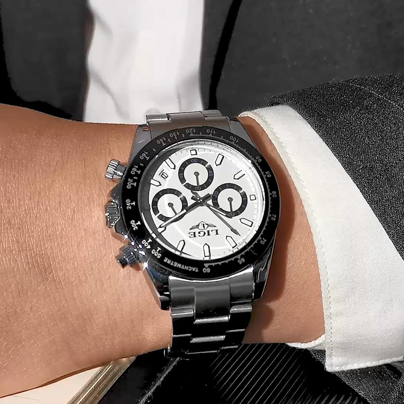 LIGE Watch Man Brand Luxury Waterproof Men Watches Panda Dial Chronograph Stainless Steel Wristwatch Quartz Sports