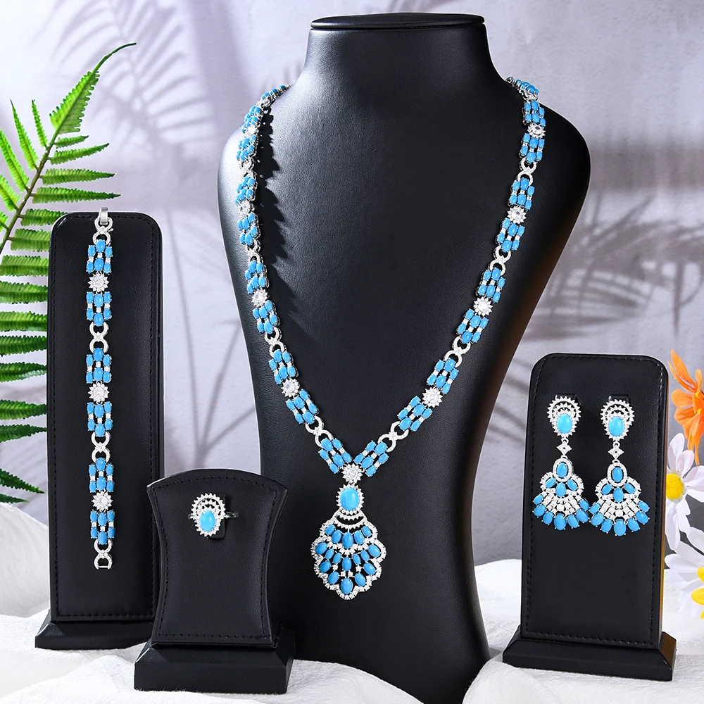

Jimbora Turquoise Necklace Earrings Bracelet Ring Jewelry Sets For Original Women Bridal Wedding Russia Dubai Bridal Party Gift