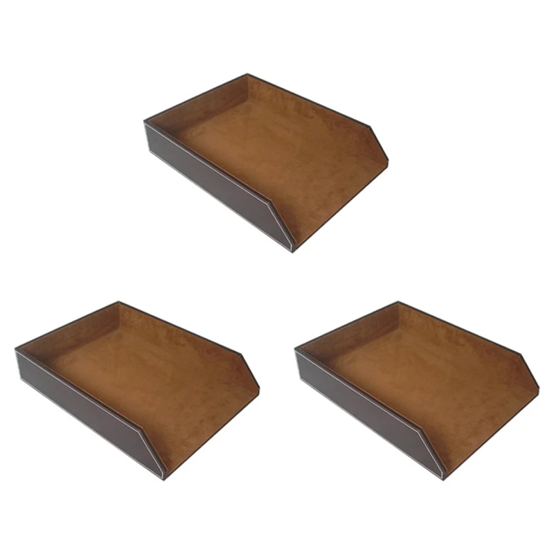 

3X PU Leather Collection Letter Tray, Document Desk Organizer,Stackable Office File Document Tray Holder (Brown)