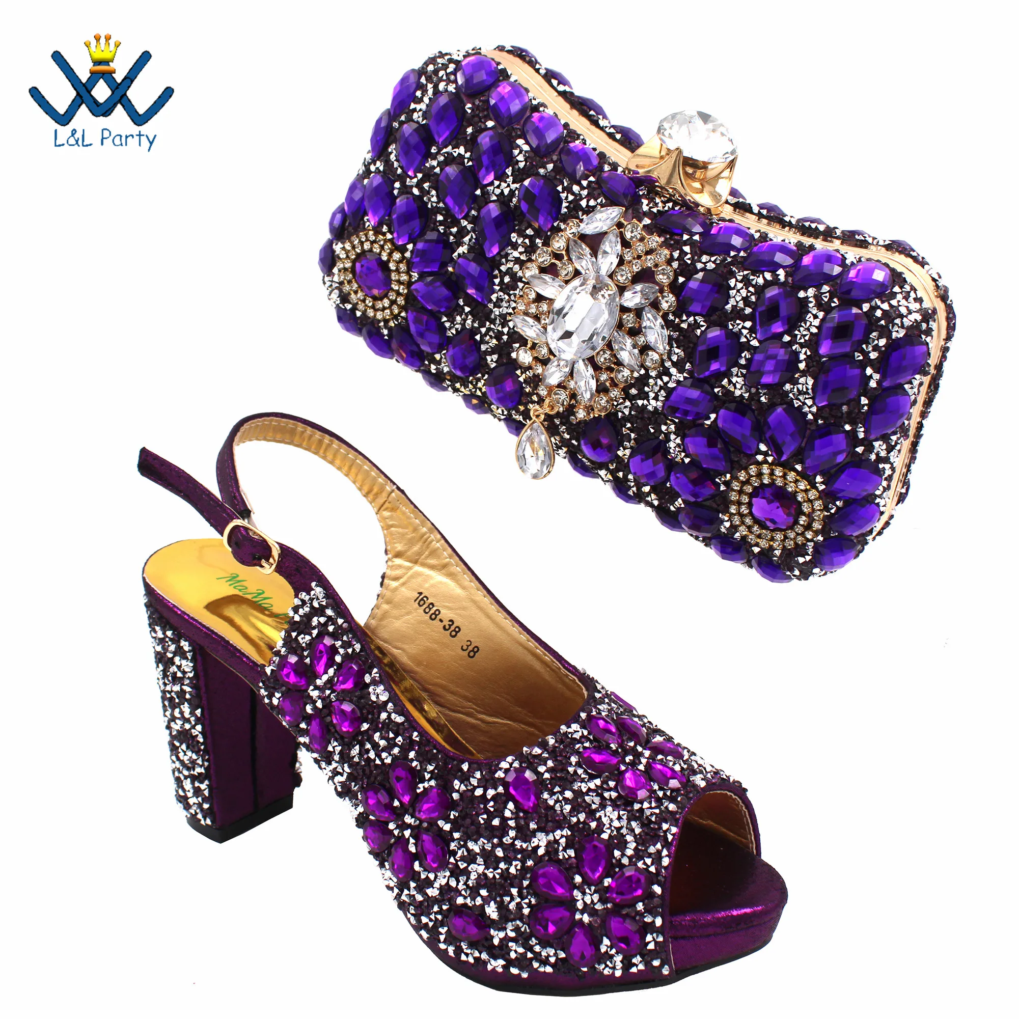 INS Hot Sale Full Crystal Shinning Shoes and Bag Set for Dress in Purple Color 2024 Fashion New Arrivals Sandals Christmas Party