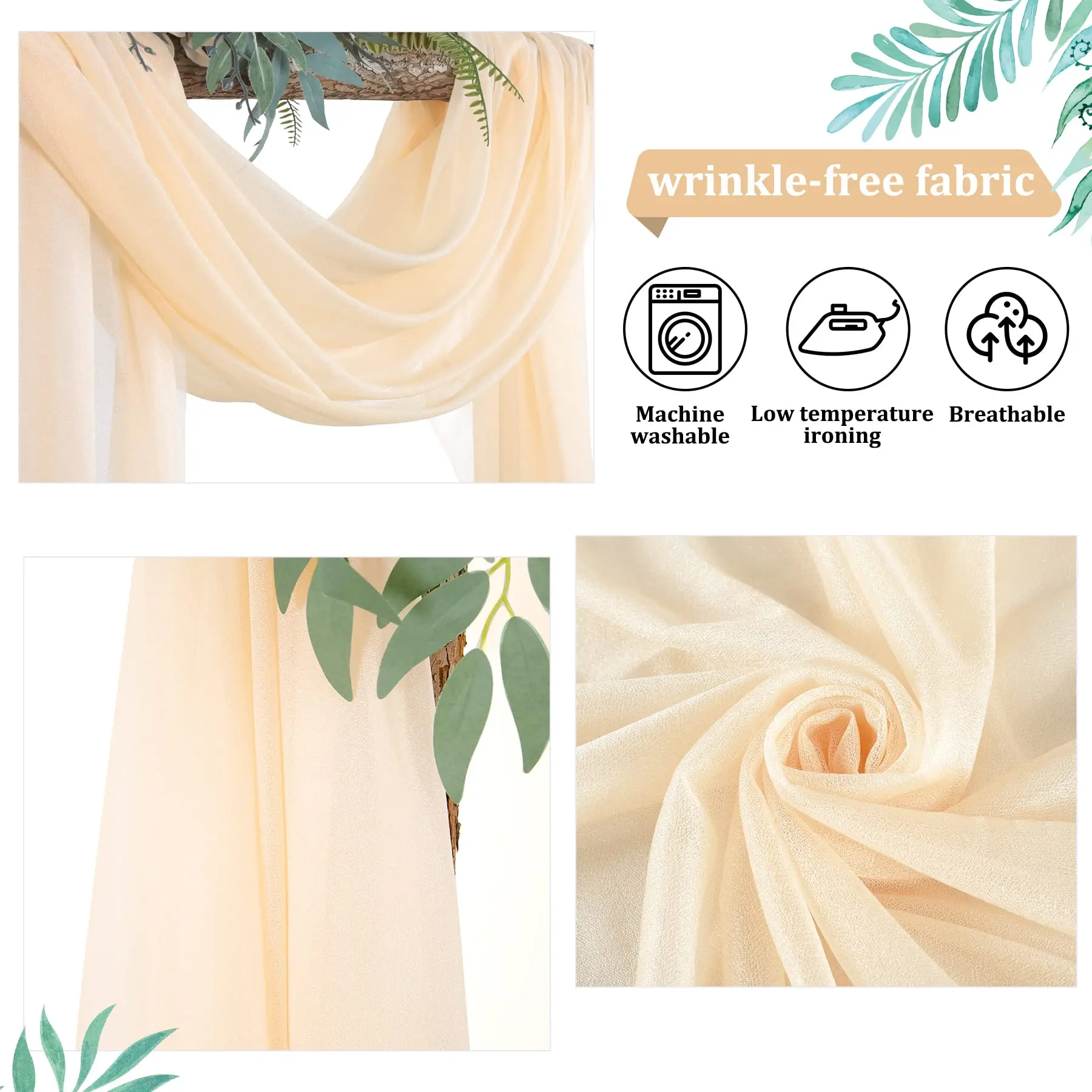 Wedding Arch Draping Fabric, 1 Panel 6/10M Champagne Sheer Backdrop Curtain Wedding Arch Decorations for Party Ceiling