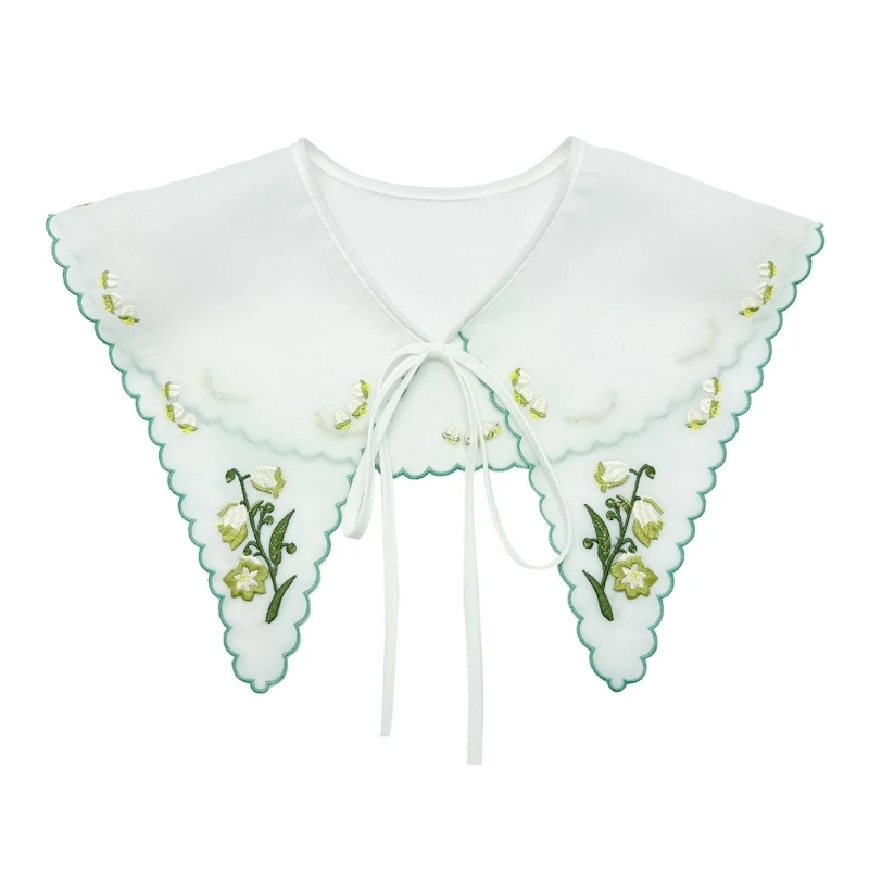 

Pastoral Lace-Up Fake Collar Women Embroidery Floral Organza Shawl Wrap