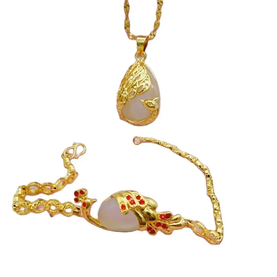 9999 Real 24K Yellow Gold Ladies' Necklace & Bracelet Set-Peacock Pendant with Cat's Eye, AU585 Gold Jewelry
