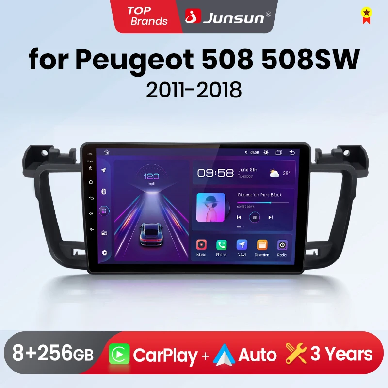Radio para Auto Junsun con CarPlay Inalámbrico y Android Auto para Peugeot 508 508SW 2011-2018, 2 DIN, Multimedia Estéreo con Ventilador Integrado, Navegación GPS, SWC, Bluetooth, FM, RDS, DSP, Pantalla IPS, Sistemas Inteligentes para Auto, 4G, WiFi, 8 Núcleos, Plug&Play 1