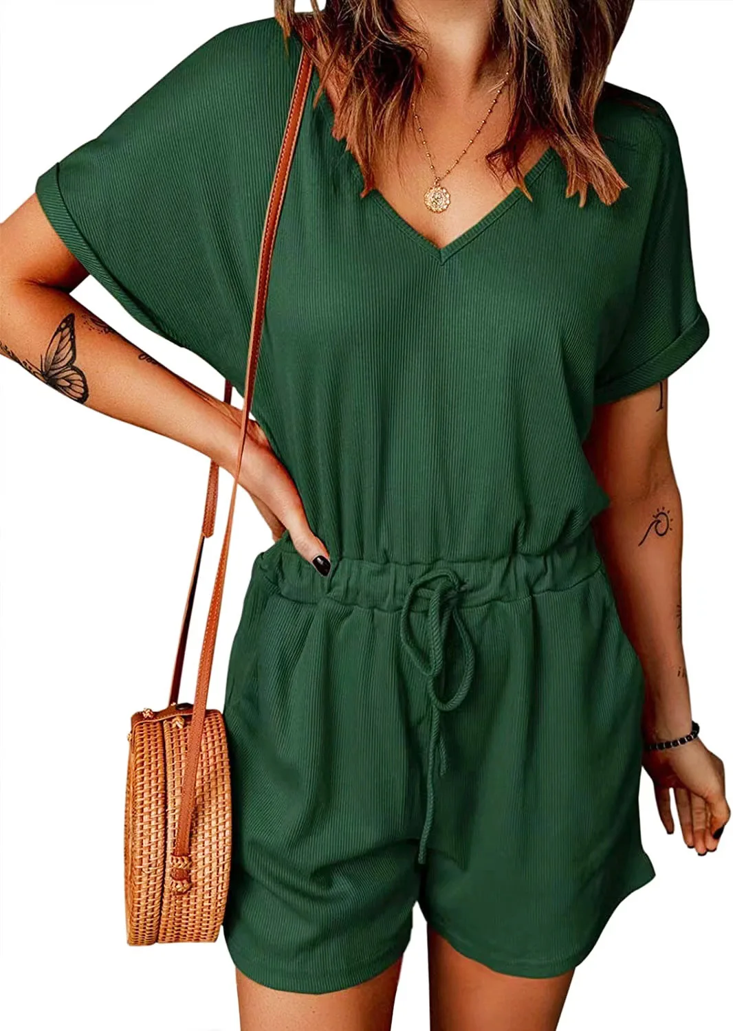 2023 Spring and Summer New Fashion Solid Color Casual V-neck Short-sleeved Pocket Jumpsuit Shorts Female