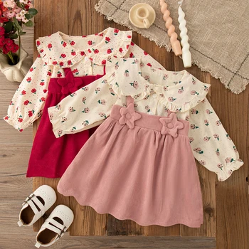 Baby Girl Clothes Spring And Autumn Flower Pattern Long-Sleeved Doll Collar Fake Two-Piece Baby Dresses Cute Casual Girls Dress