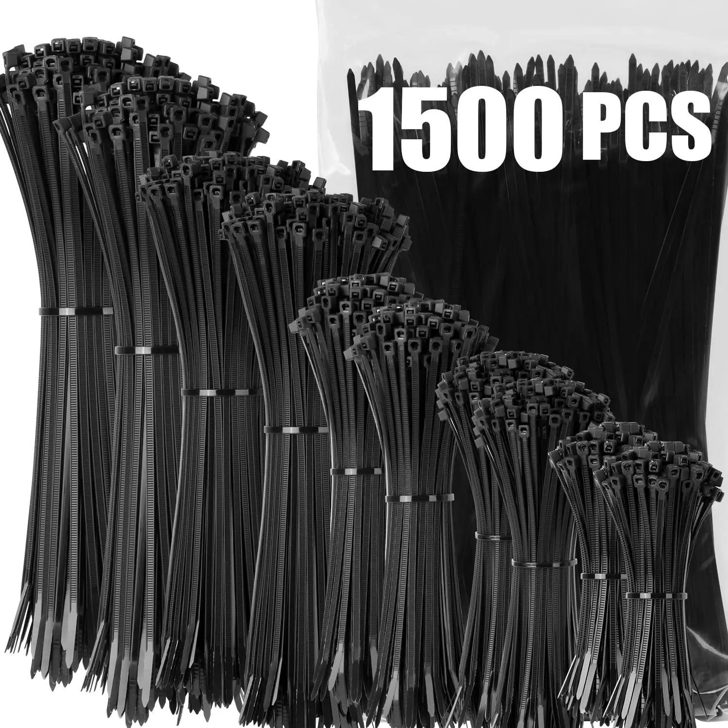 Black Cable Zip Ties, 1500 Pack Black Zip Ties Assorted Size 4+6+8+10+12 Inch,Self-Locking UV Resistant Nylon cable ties