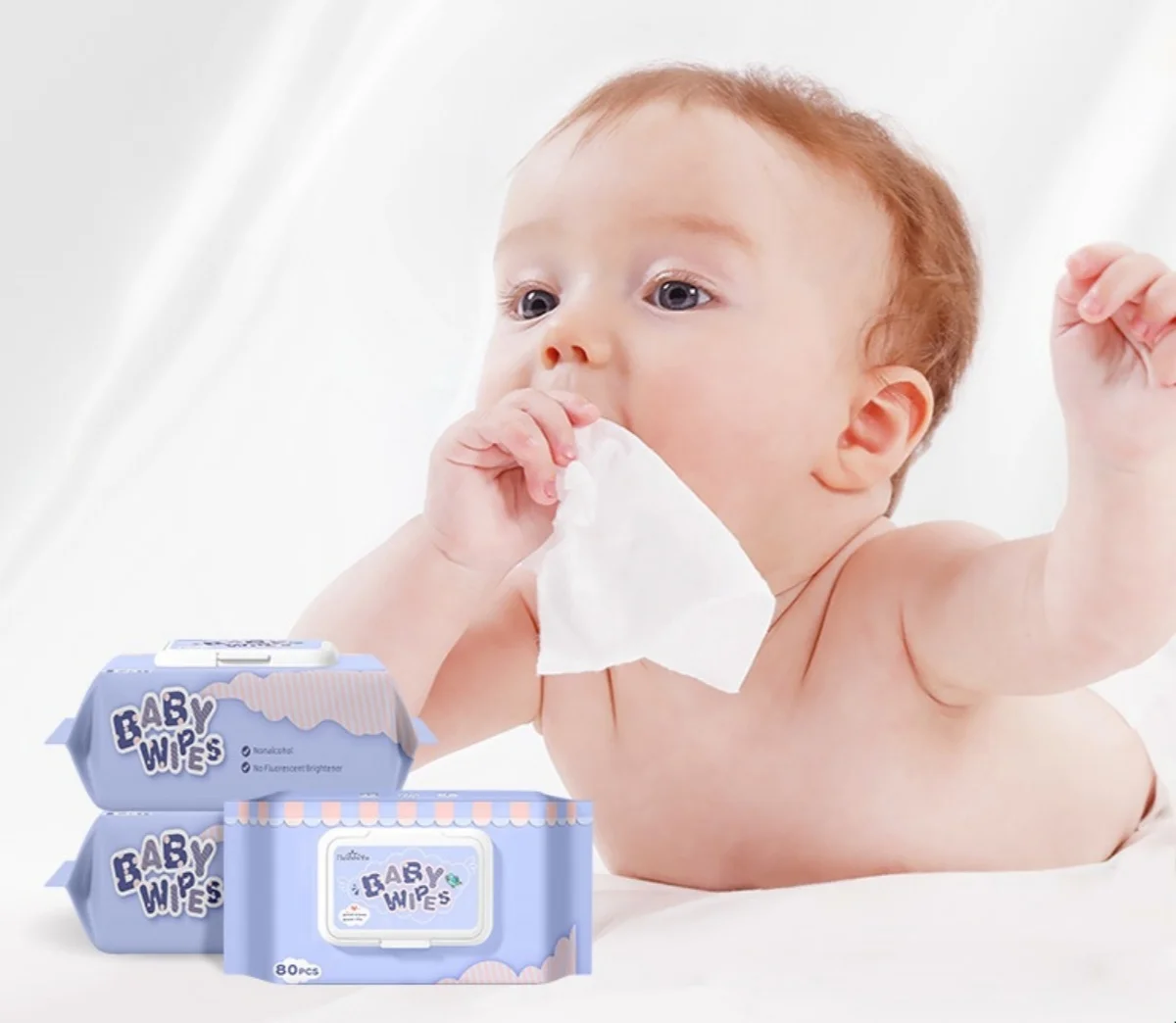 베이비 그린 물티슈 80매 대용량 엠보싱 캡 베이비 물티슈 손&입 청결 물티슈