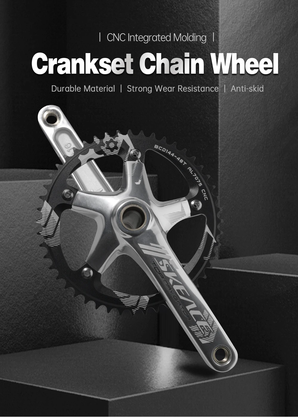 Description Picture 2 of itemSKEACE High Strength Aluminum Alloy Fixed Gear Crank 48T 3D Density Forging Integrated Crankset 144BCD BMX Racing Bicycle Part