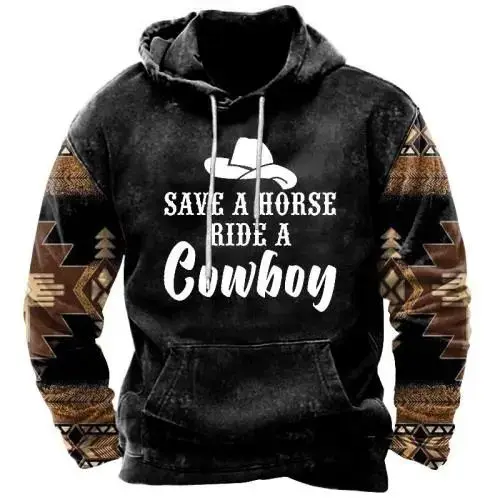 Spring Autumn Men Cowboy Hoodie Vintage Print Casual Stylish Pullover Fashion Long Sleeve Hooded Clothing Male Retro Streetwear