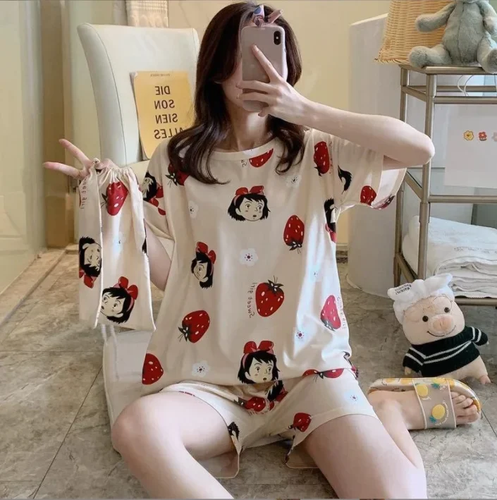 Women Pajamas Set Women Pajama Suit Women Pajamas Set Panda Cartoon Printed Short Sleeve T Shirt+Shorts 2 Pieces Woman Soft Casual Sleepwear Homewear Pijimas