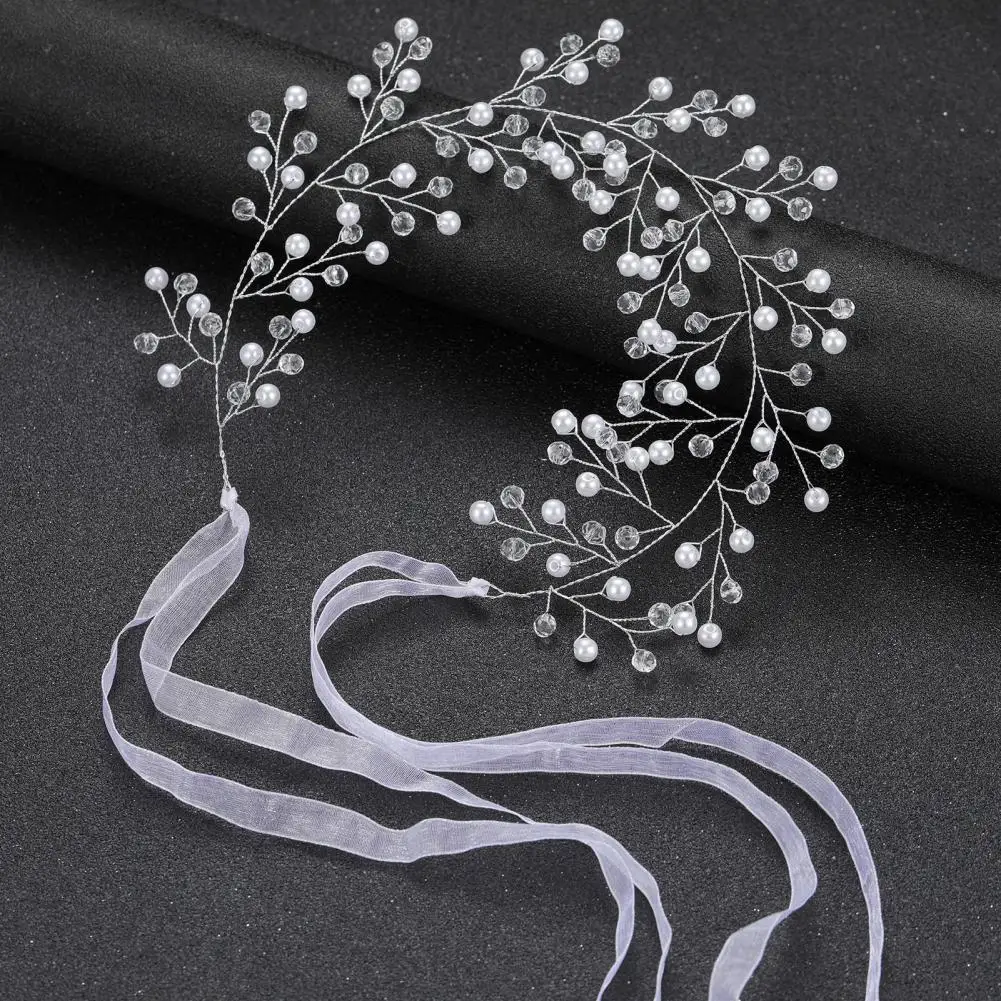 

Girls Headpiece Elegant Wedding Hair Accessories Faux Pearl Crystal Bridal Headband with Adjustable Sheer White Ribbon A