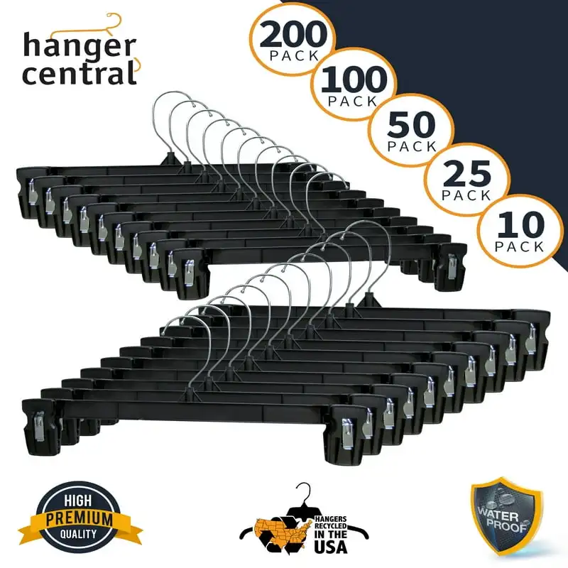 

Black Heavy Duty Plastic Pants & Skirt Bottom Hangers with Plastic Extra Long Pinch Clips and Polished Metal Swivel Hooks, 12 In