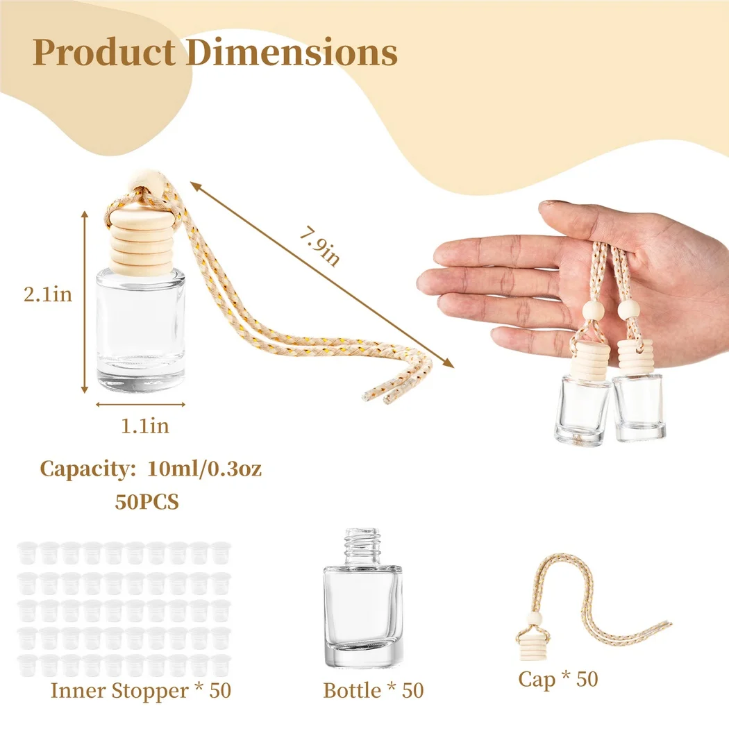 50Pcs/Set Hanging Car Air Freshener 10ml Essential Oil Aromatherapy Diffuser Bottles Empty Glass Perfume Bottles Car Ornament 5