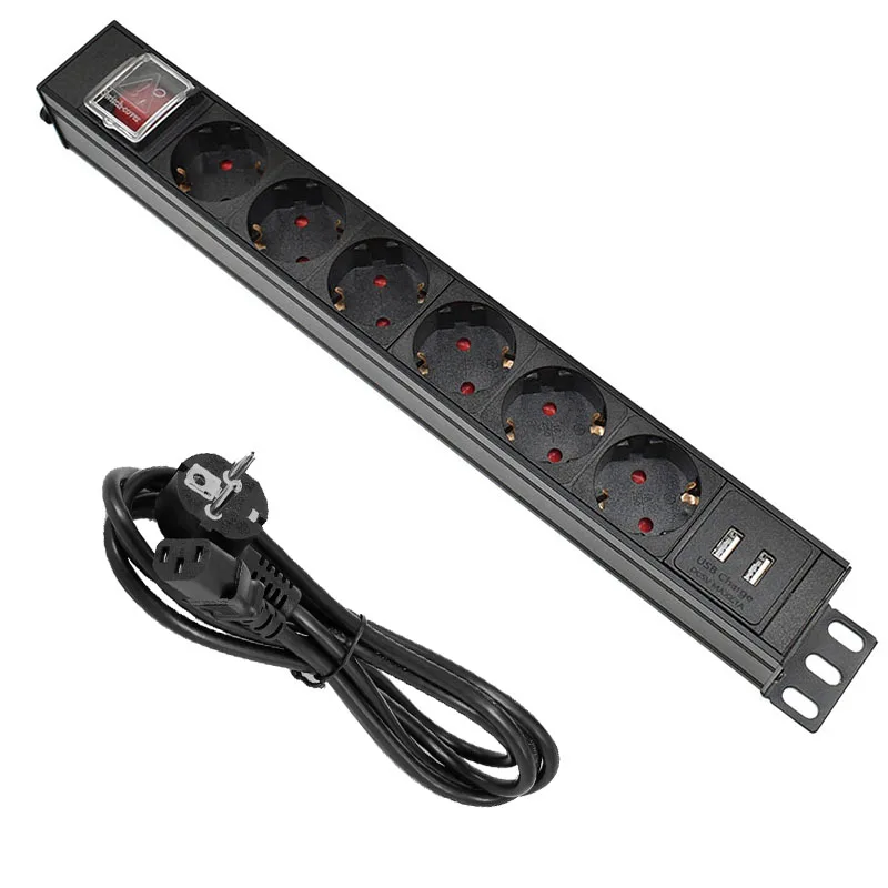 

6 Ways PDU Power Strip EU Power Strip Socket with IEC-C14 Port Outlet extend with Circuit Breaker Switche 2 USB