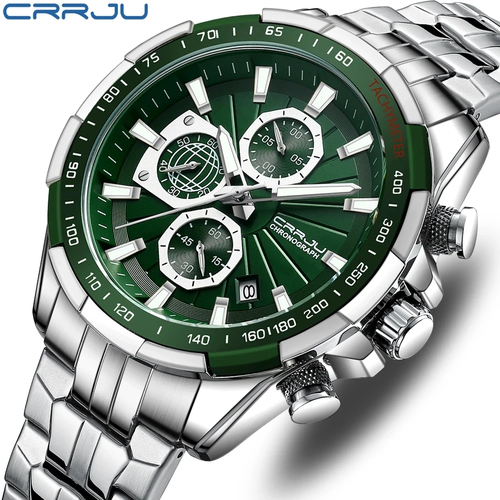 

CRRJU Brand Stainless Steel Watches for Mens Creative Fashion Luminous Dial with Chronograph Clock Male Casual Wristwatches