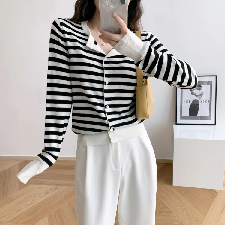 

Autumn Thin O Neck Stripe Loose Cashmere Knitwear Cardigan Sweater Coat Woman Cardigan Women Wool Vintage Clothes