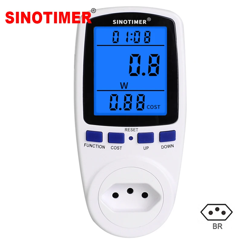 Sinotimer Brazil 4 Kinds Socket Plug Power Meter Energy Digital Wattmeter kWh Power Consumption Watts Electricity Analyzer Monitor AC 230V