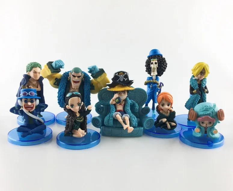 

One Piece Blue Clothes 9 Figures Q Version 8cm Pvc 20th Anniversary Luffy Zoro One Piece Dolls Desktop Ornament Children Toys