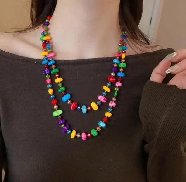 Collier bohème Vintage en pierre naturelle irrégulière pour femmes, perles de cristal faites à la main, Double couche, longue chaîne de pull, bijoux cadeau
