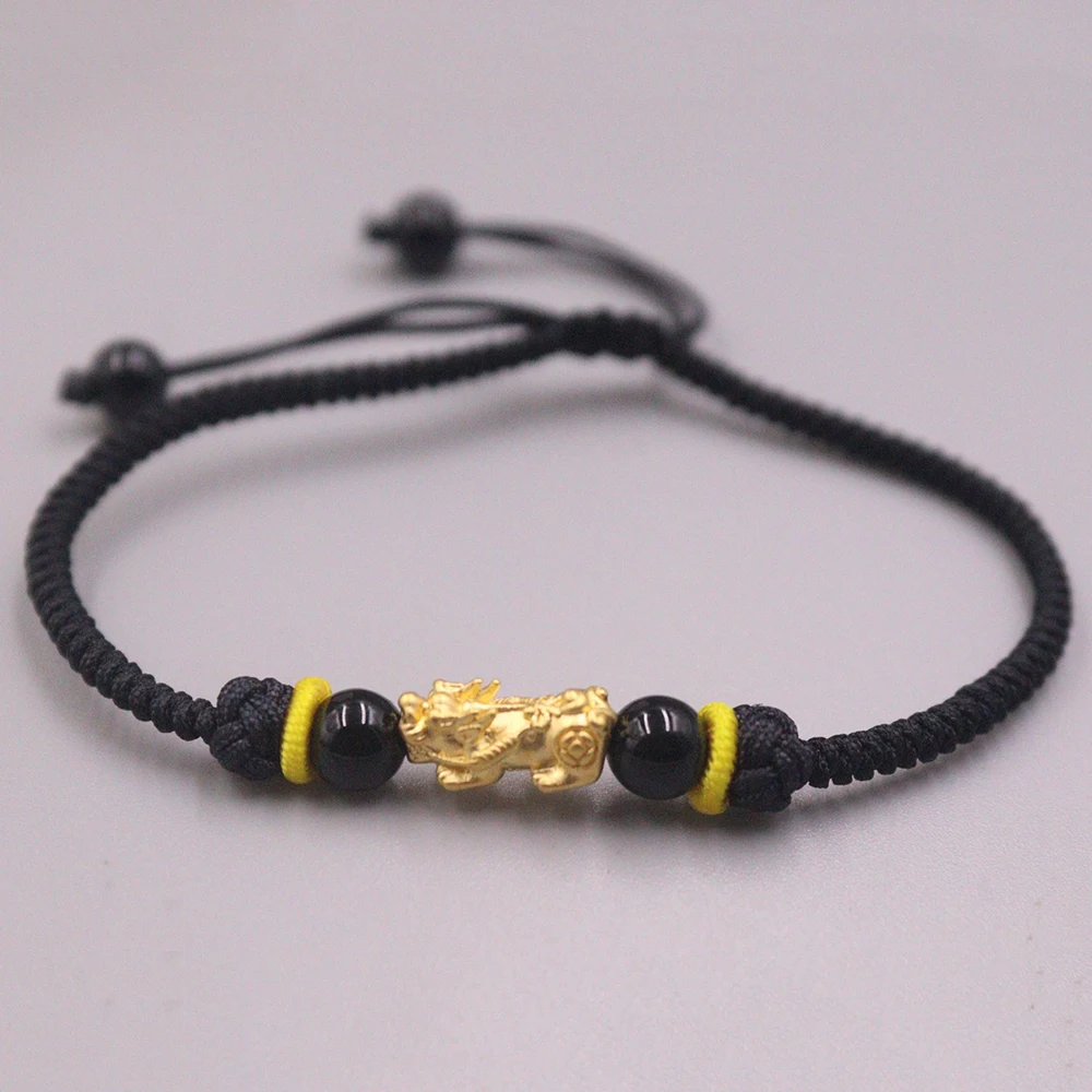 

Pure 999 24K Yellow Gold Women Bracelet 3D Lucky Pixiu Bead Black Cord Knitted Bracelet 0.2-0.3g