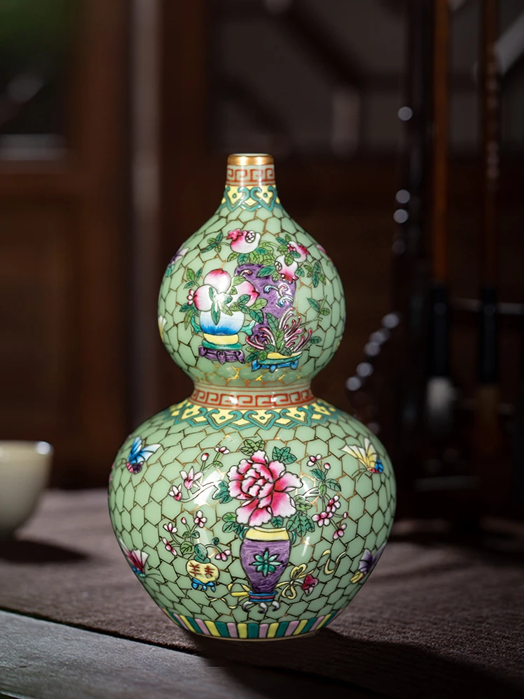 

Vase Desktop Decoration Ceramic Gourd Bottle New Chinese Retro Enamel Small Good Porcelain Bottle Living Room Study Ornament 1Pc