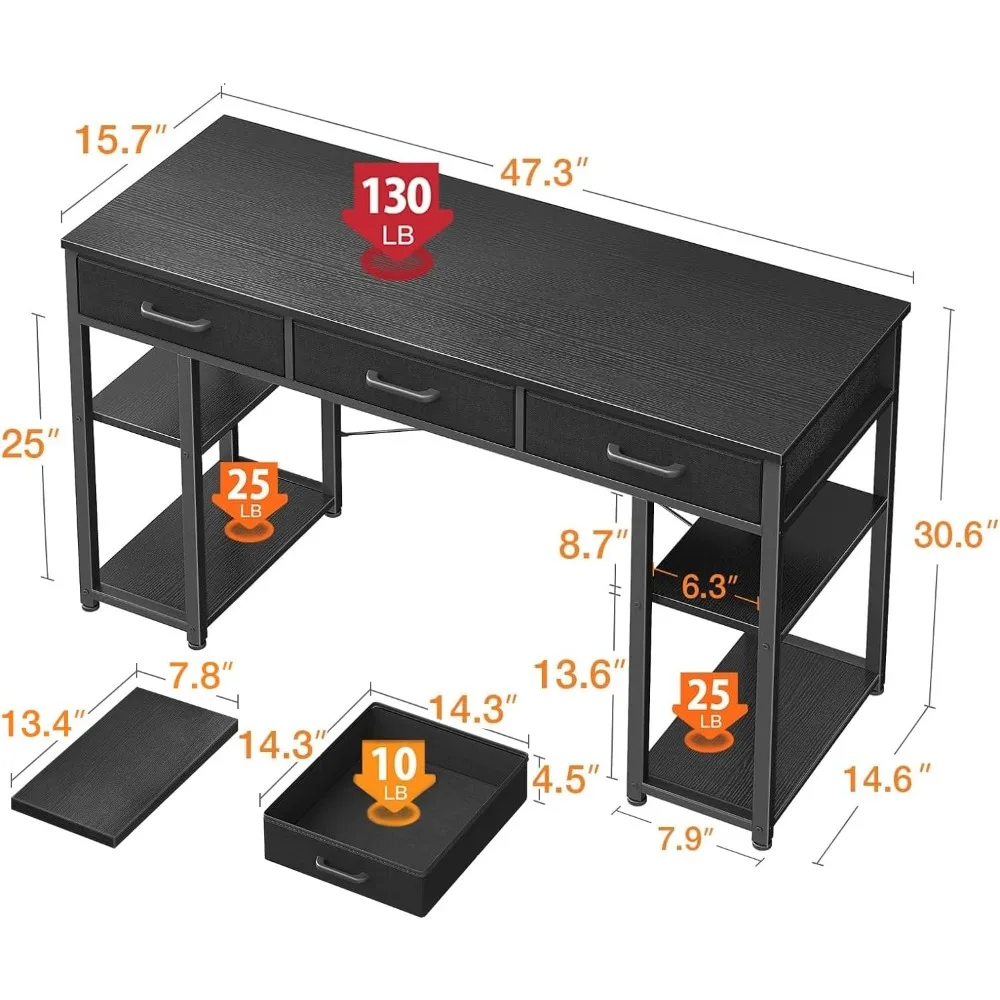 compact modern desk with fabric drawers and storage shelves, sleek black writing desk, 48"x16"