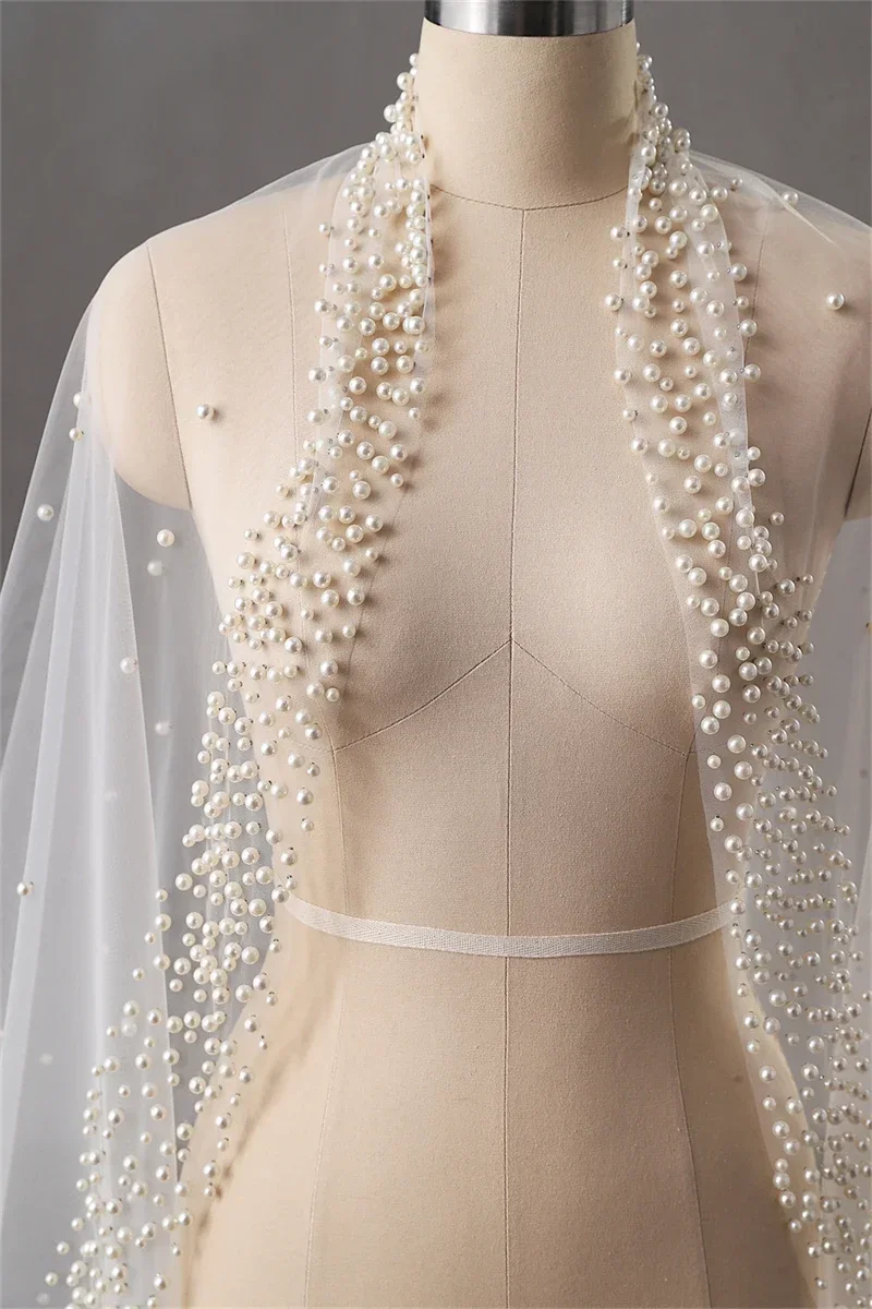 Pearls Wedding Veil 1 Layer Long Bridal Cathedral Veil With Pearls Mantilla Luxurious Tulle Crystal Bride Hair Accessories bridal veil
