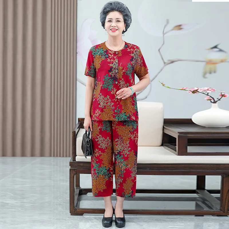 Summer Middle-Aged Mother Outfit Short Sleeved Cardigan Two Piece Set Grandma's Clothing Cotton Home Wear Pant Suit For Women