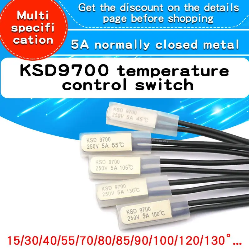 5PCS KSD9700 5A Normally Open Thermostat Thermal Protector Fuses Temperature Switch 15-80 Degree |