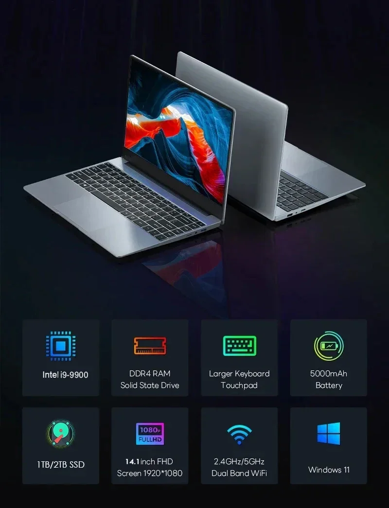 LENO 14.1" Ultra Slim Laptop Intel Core i9-9900 32GB 2TB Gaming Computer PC Windows11 Gamer office Ultra Slim Notebook 1080P HD