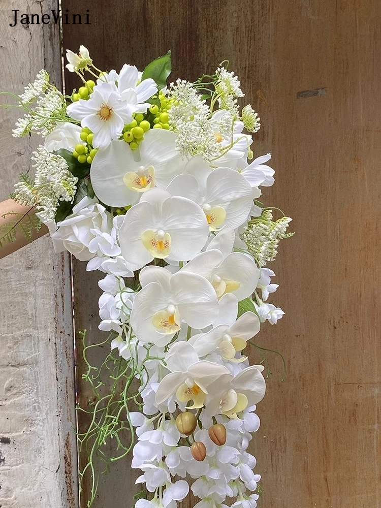 JaneVini Artificial White Moth Orchid Waterfall Bridal Boquet Flowers Wedding Accessories Bride Flower Bouquet Ramos De Boda