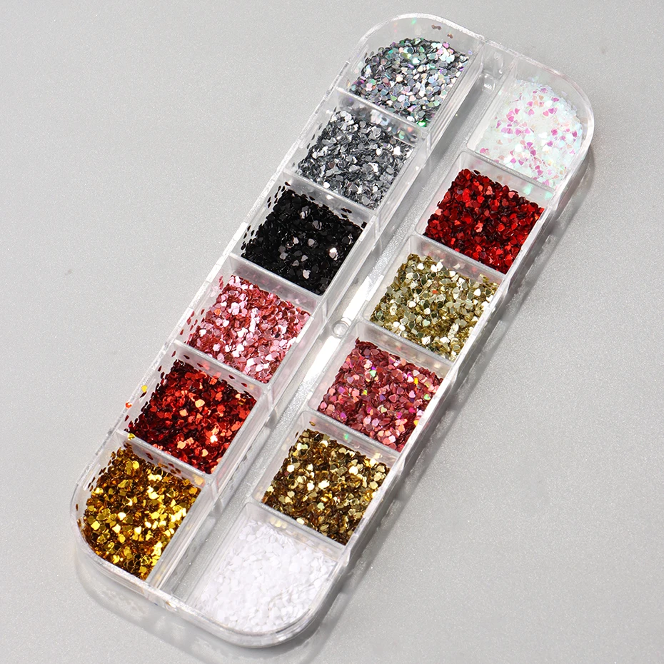 12 Gitter Rote Mini-Herz-Nagelkunst-Pailletten Glitzer Herzförmige Nagelsplitter Valentinstag-Charms Nagelkunst-Dekorationen Maniküre – Detail 10