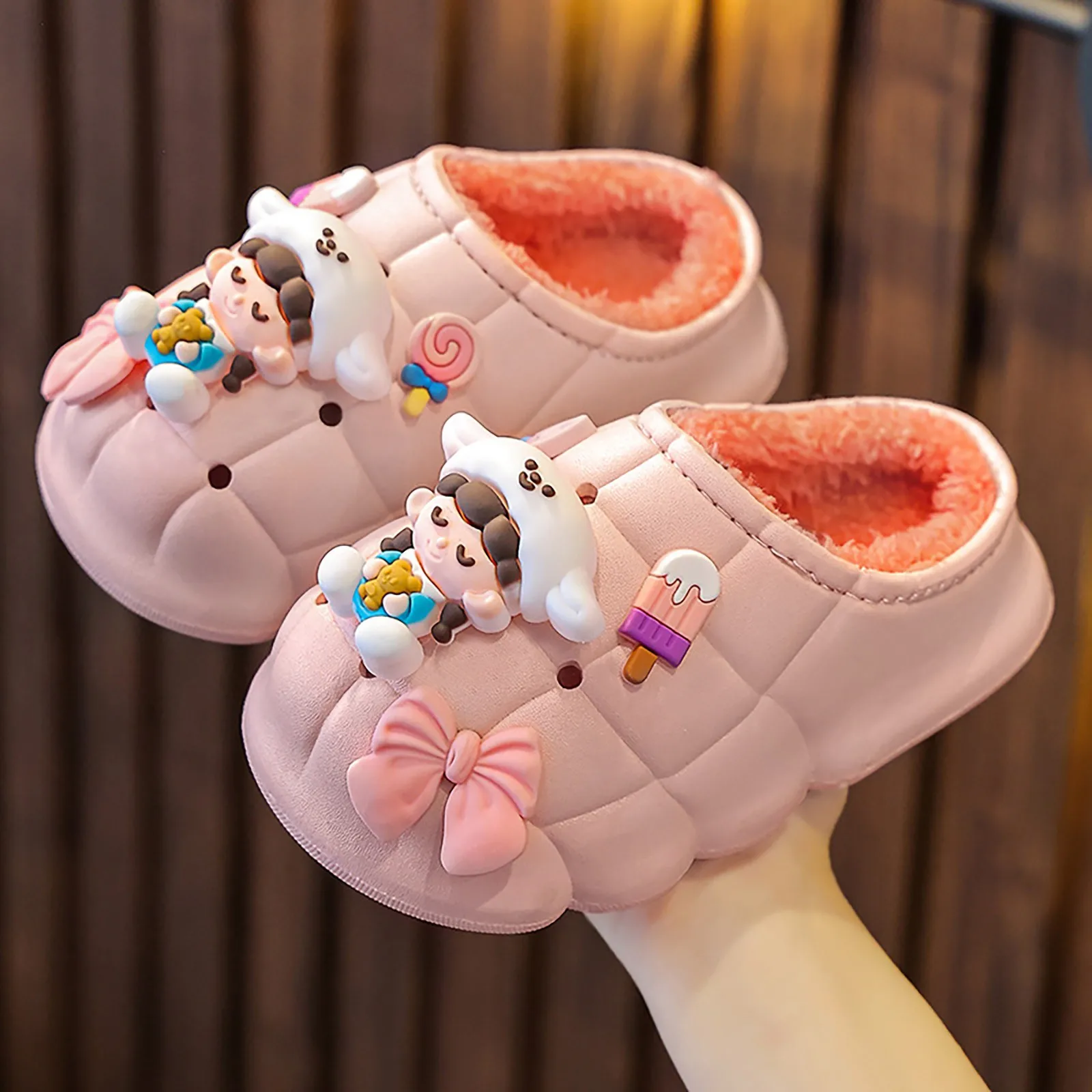 Kid Indoor Slipper Bowknot Little Girl Children Plush Cotton Slippers Winter Girls Indoor Non Positioning Decorations Non Slip