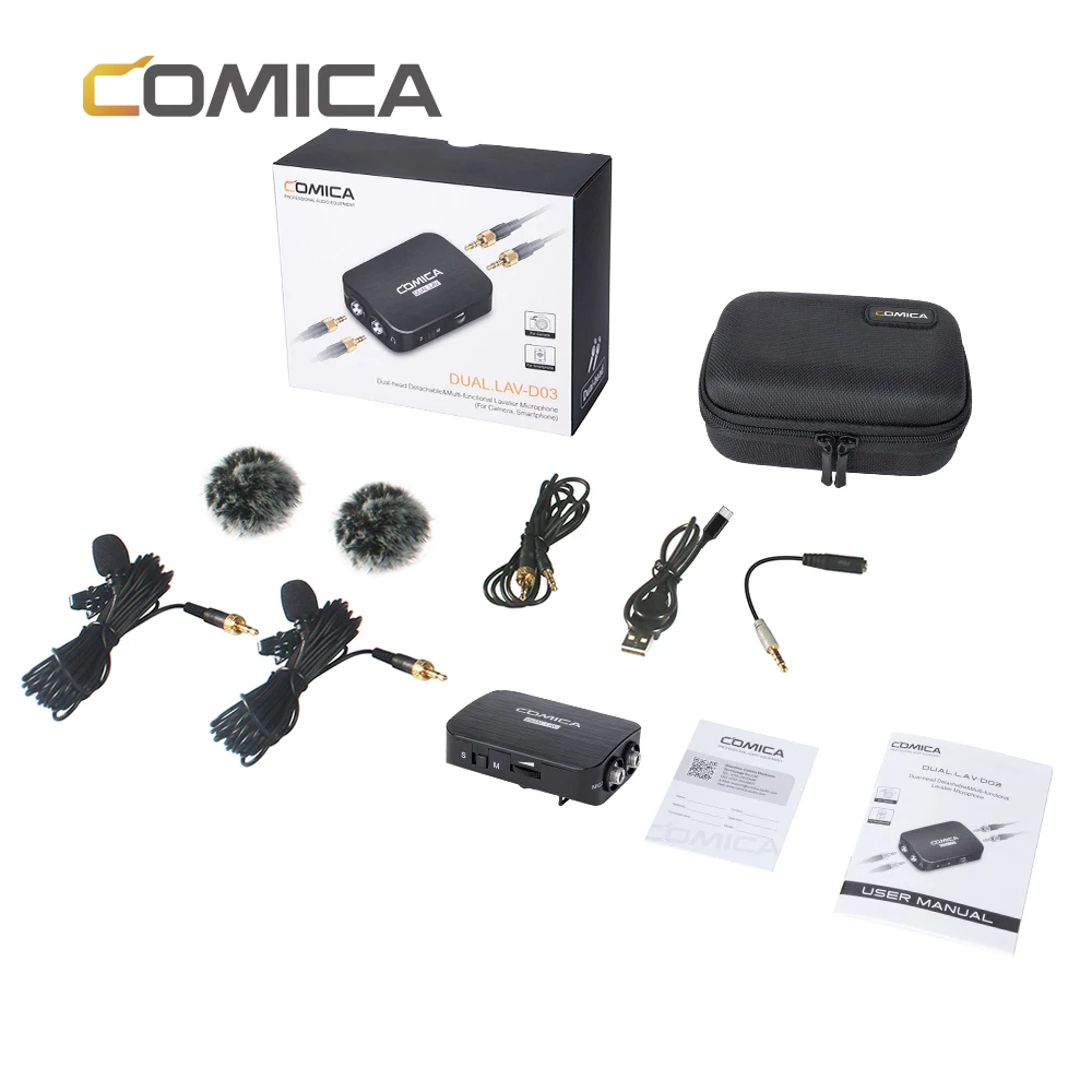 COMICA DUAL.LAV-D03 듀얼 헤드 분리형 및 다기능 라발리에 마이크, 모노 및 스테레오 모드 스위치, 최대 100 시간 지속