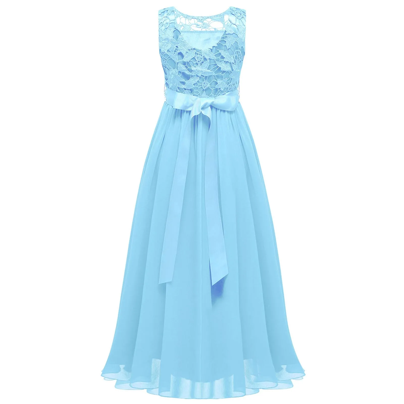 Kids Girls Hollow Out Lace Party Dress Sleeveless Elegant Chiffon Wedding Birthday Evening Princess Dresses with Beaded Sash