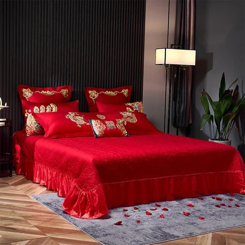 

Luxury Red Chinese Wedding Style Bedding Set Gold Loong Phoenix Embroidery Brushed Duvet Cover Bedspread Bed Linen Pillowcases