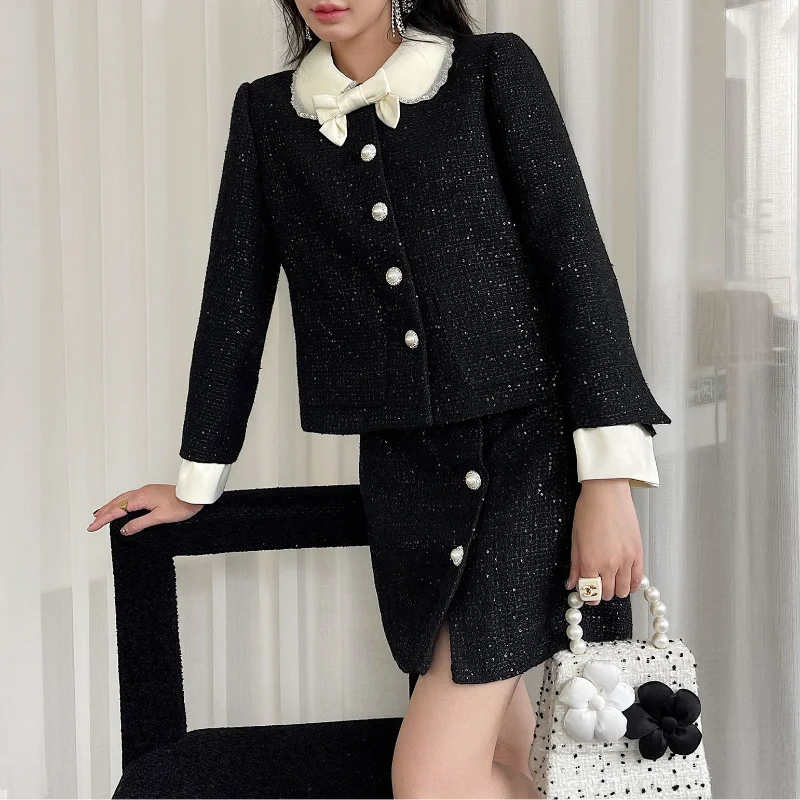 Sequin Tweed Autumn Winter Women Suit Black Contrast Small Fragrance Long Sleeve Doll Collar Bow Coat+ Mini Skirt Two Piece Set