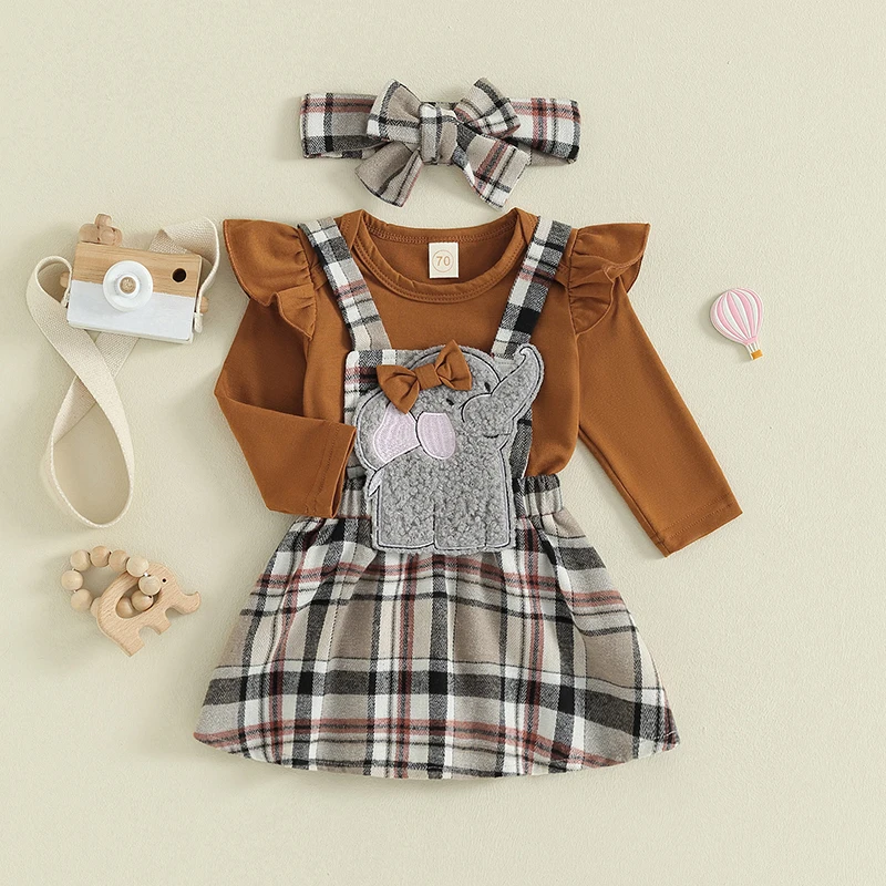 

Newborn Baby Girls Fall Outfits Long Sleeve Romper Elephant Suspender Skirt Headband 3PCS Newborn Clothes Set