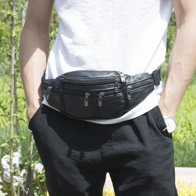 Business Black Men Waist Bag Sports PU Leather Chest Phone Bag Waterproof Outdoor Shoulder Bag Multifunction Male Fanny Pack
