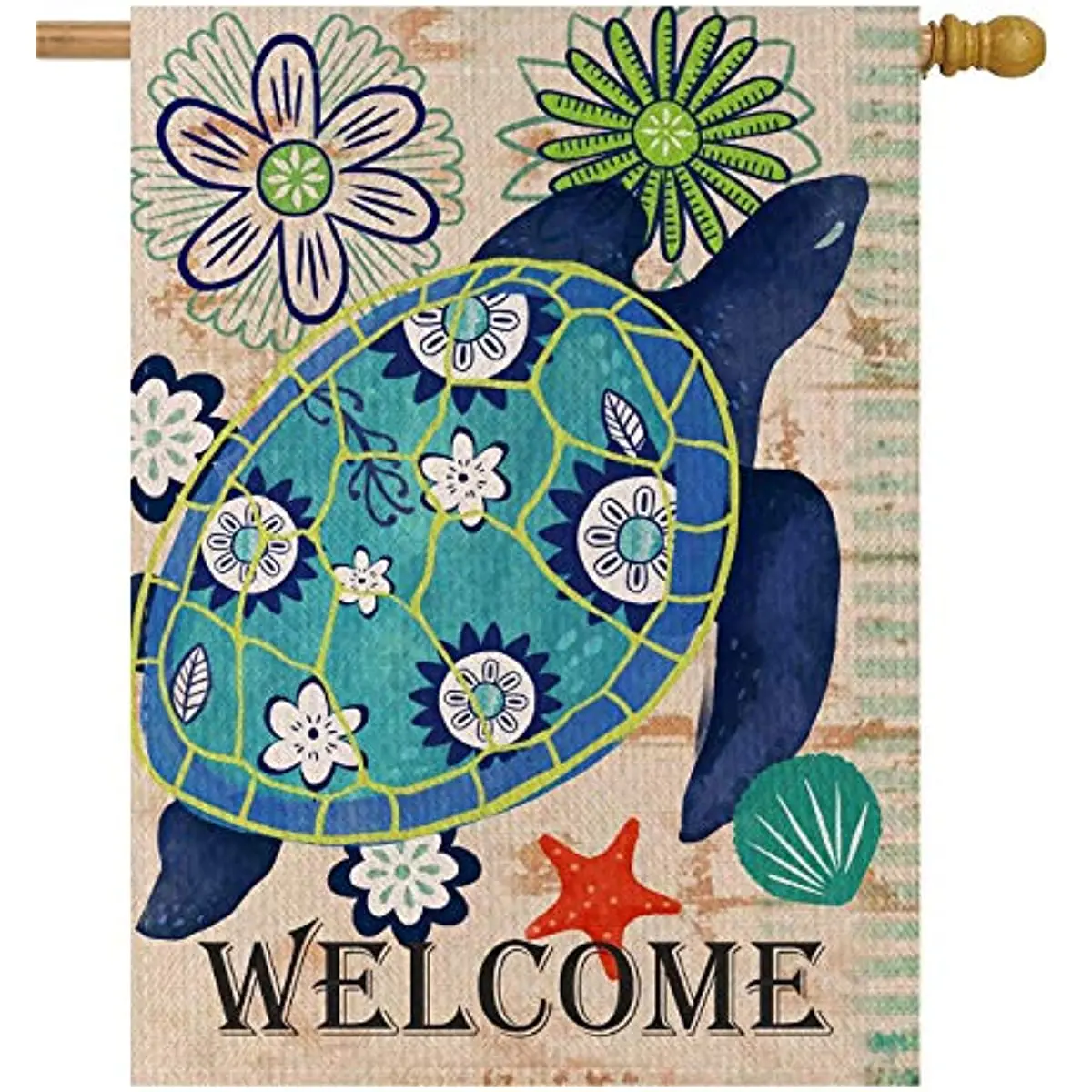 

Turtle Beach House Flag Welcome Summer Double Sided, Tropical Ocean Burlap Garden Yard Decoration Rustic Coastal