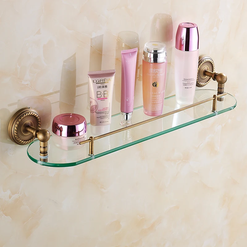 

Bathroom Shelves Single Layer Rack Copper Antique Towel Hook Washing Shower Shampoo Glass Storage Bath Fitting Basket Shelf Sj10