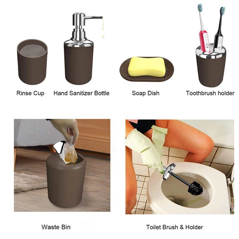 Bathroom Accessories Set 6Pcs Bathroom Accessories Set Bath Ensemble Soap Dish Trash Can Toilet Brush Tumbler Cup Necessities Kit Bathroom Accessories