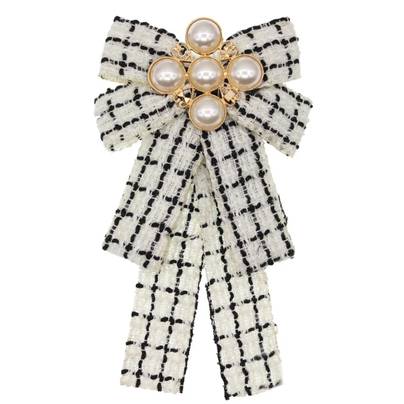 Women Vintage Elegant Plaid Striped Print Pre-Tied Neck Tie Brooch Imitation Pearl Jewelry Ribbon Bow Tie Corsage for Shirt